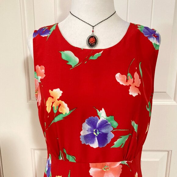 KATHIE LEE Red floral print long dress ~ Vintage SMALL MEDIUM maxi sundress - Picture 4 of 15